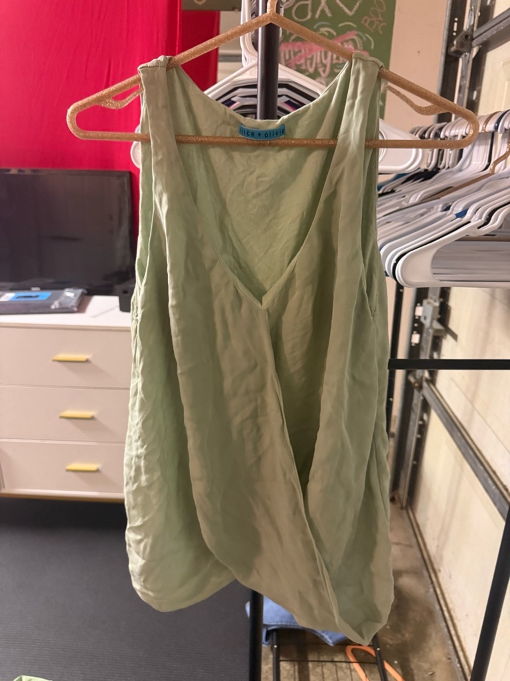Alice + Olivia Sage Green Draped V-Neck Sleeveless Top